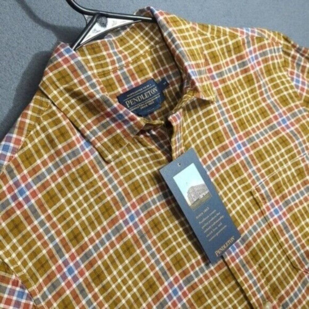 Pendleton Shirt Men's M Brown Plaid Dawson Linen Blend Short Sleeve Outdoors NWT